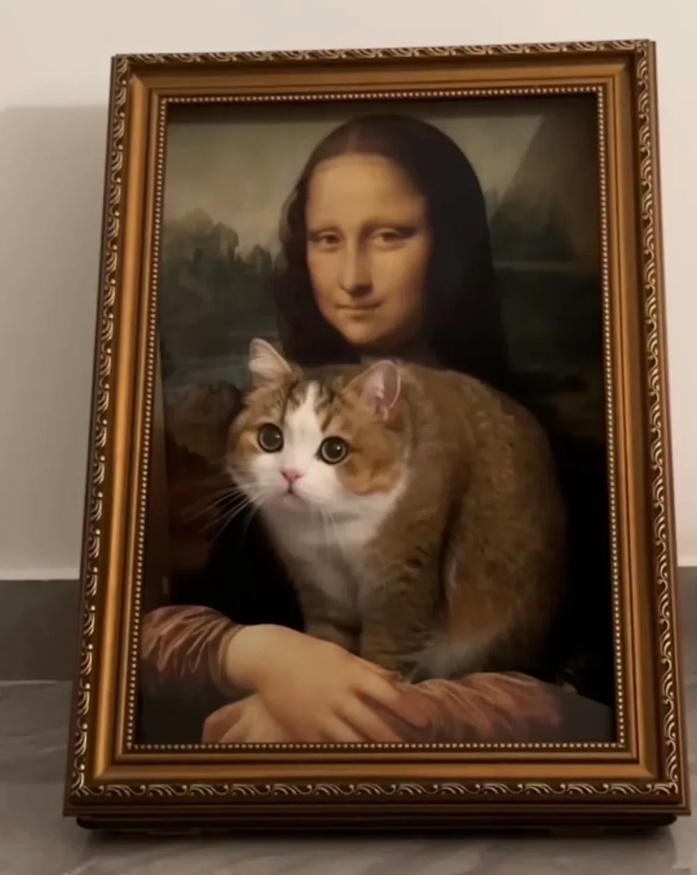 Ginger and white cat sitting inside The Meowsterpiece