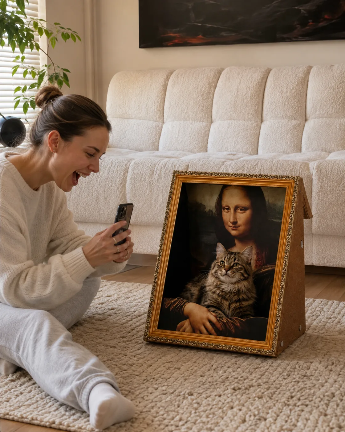 An average adult cat inside The Meowsterpiece, shown for scale